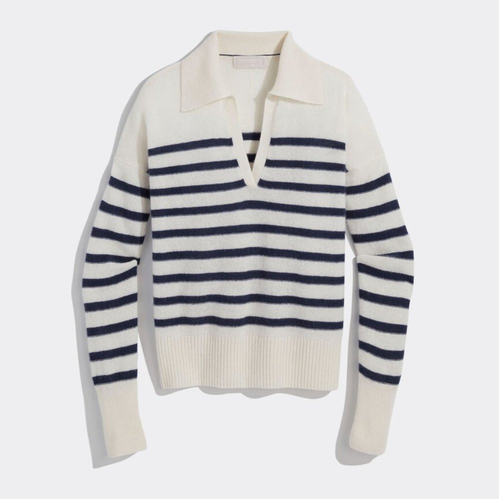 Vineyard Vines Cream and Navy Striped Collared V-Neck Sweater
